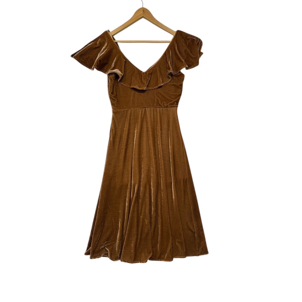 Line Dot Brown Velvet Ruffle‎ Midi Dress Winter Feminine Cocktail Holiday S